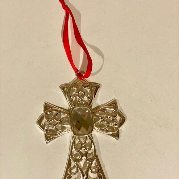 Lenox Silver Cross Christmas Ornament 4.5" x‎ 3.5" with Red Ribbon - Picture 3 of 5